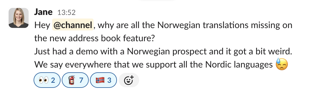 Slack message: Hey @channel, why are all the Norwegian translations missing on the new address book feature?
