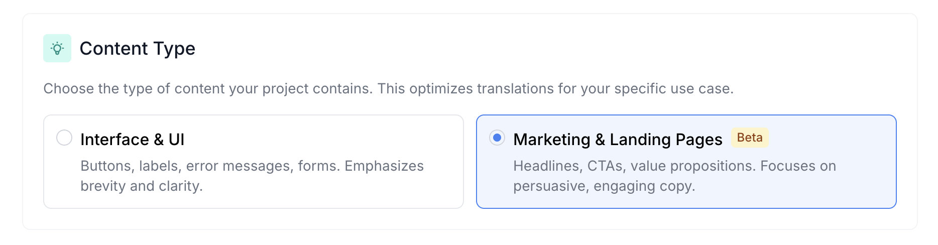Content Type setting in Localhero.ai project settings, with Marketing & Landing Pages selected