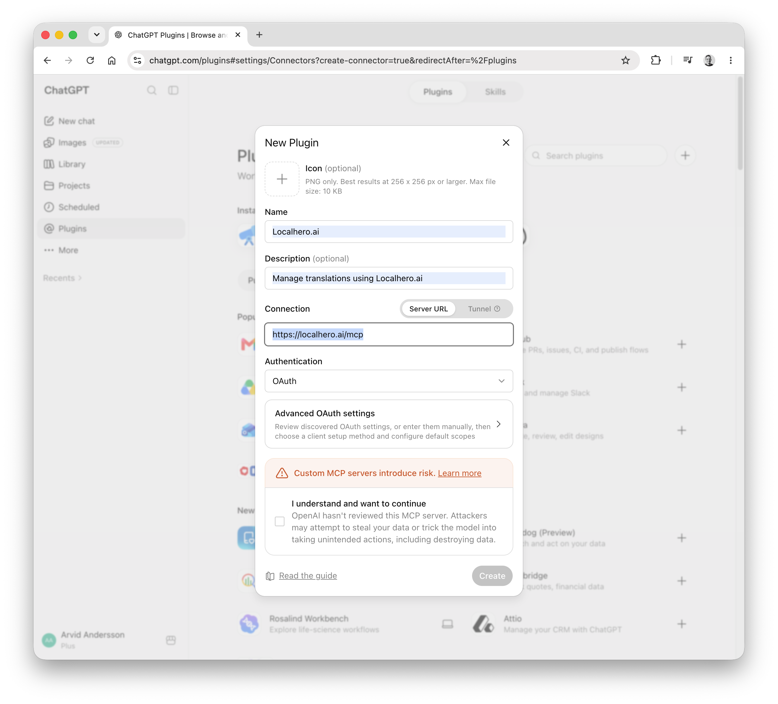ChatGPT's New Plugin dialog with the name Localhero.ai, the server URL https://localhero.ai/mcp and Authentication set to OAuth