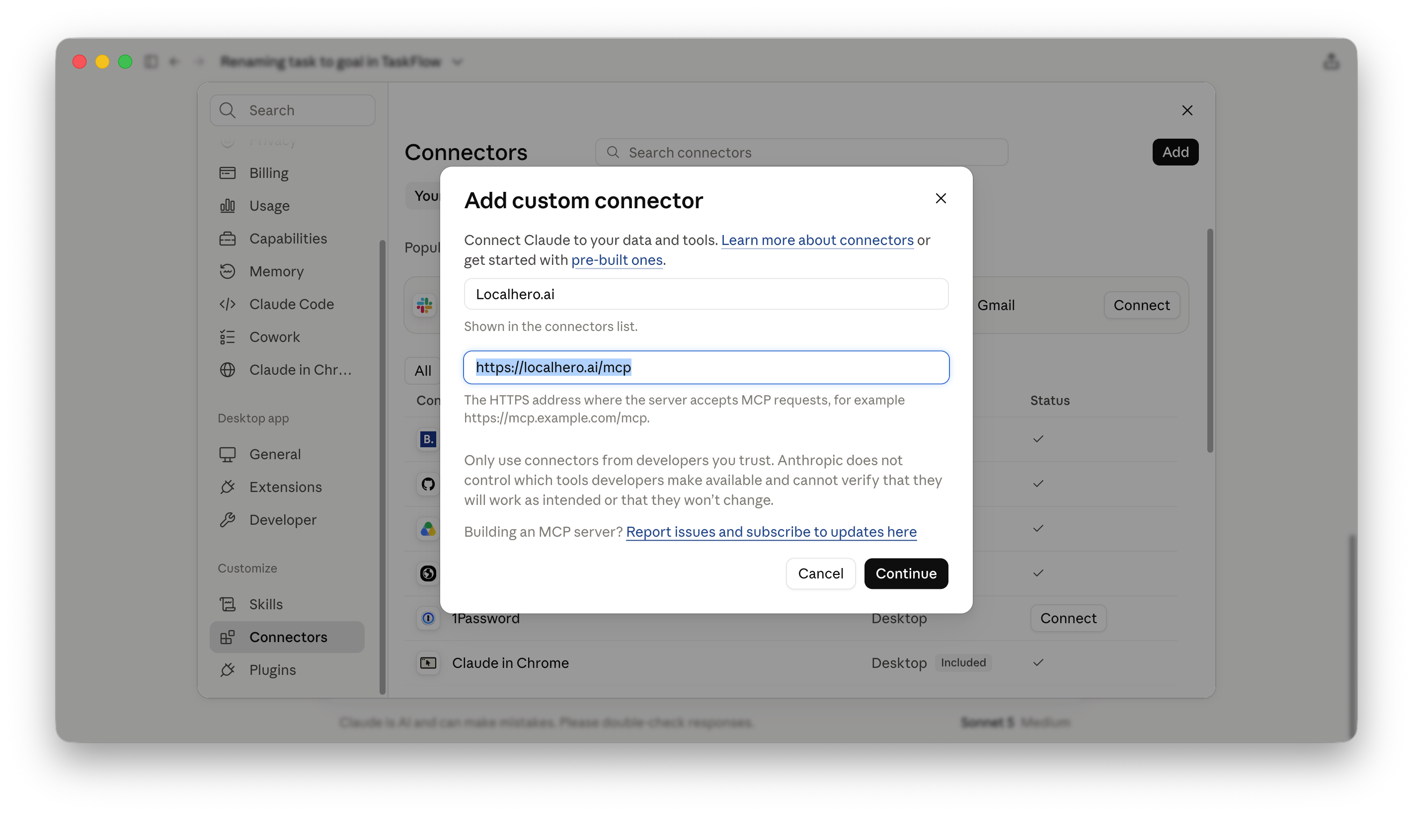 Claude's Add custom connector dialog with the name Localhero.ai and the server URL https://localhero.ai/mcp filled in