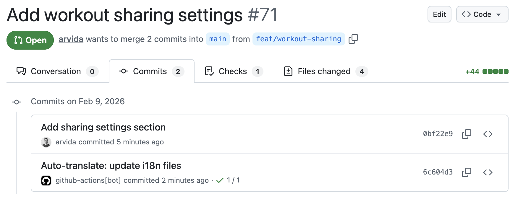 GitHub Action commits translations to the PR