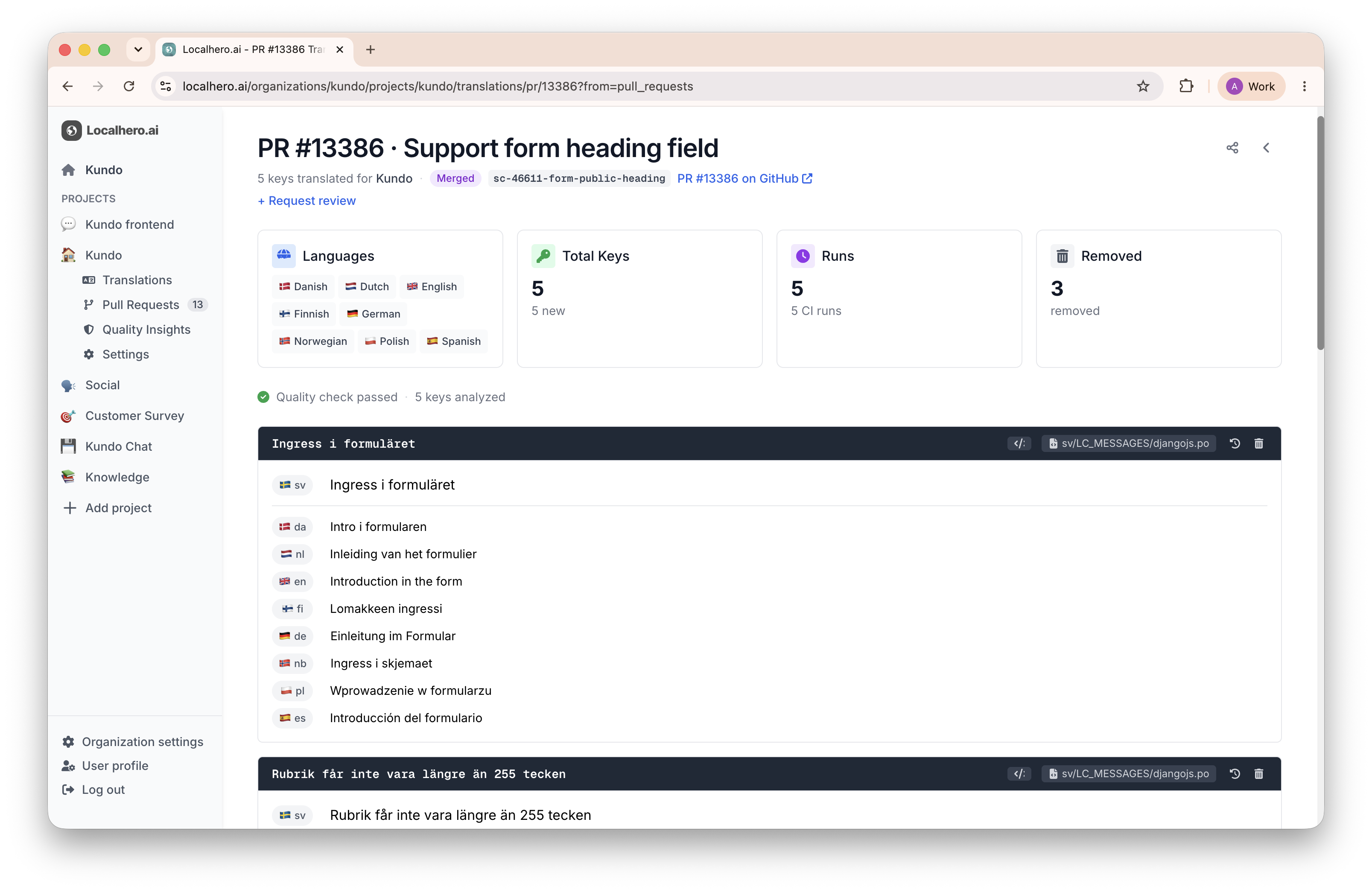 The Localhero dashboard showing a translated Kundo pull request across nine languages with a passed quality check