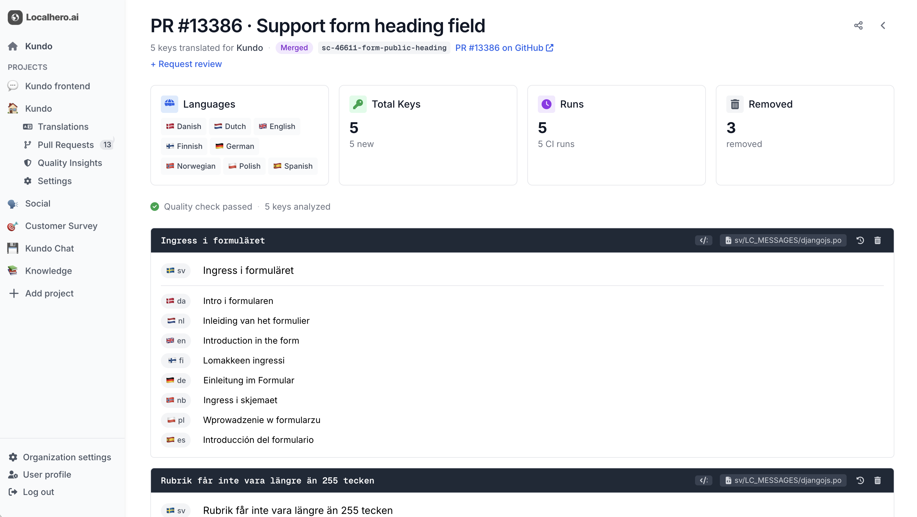 The Localhero dashboard showing a translated Kundo pull request across nine languages with a passed quality check