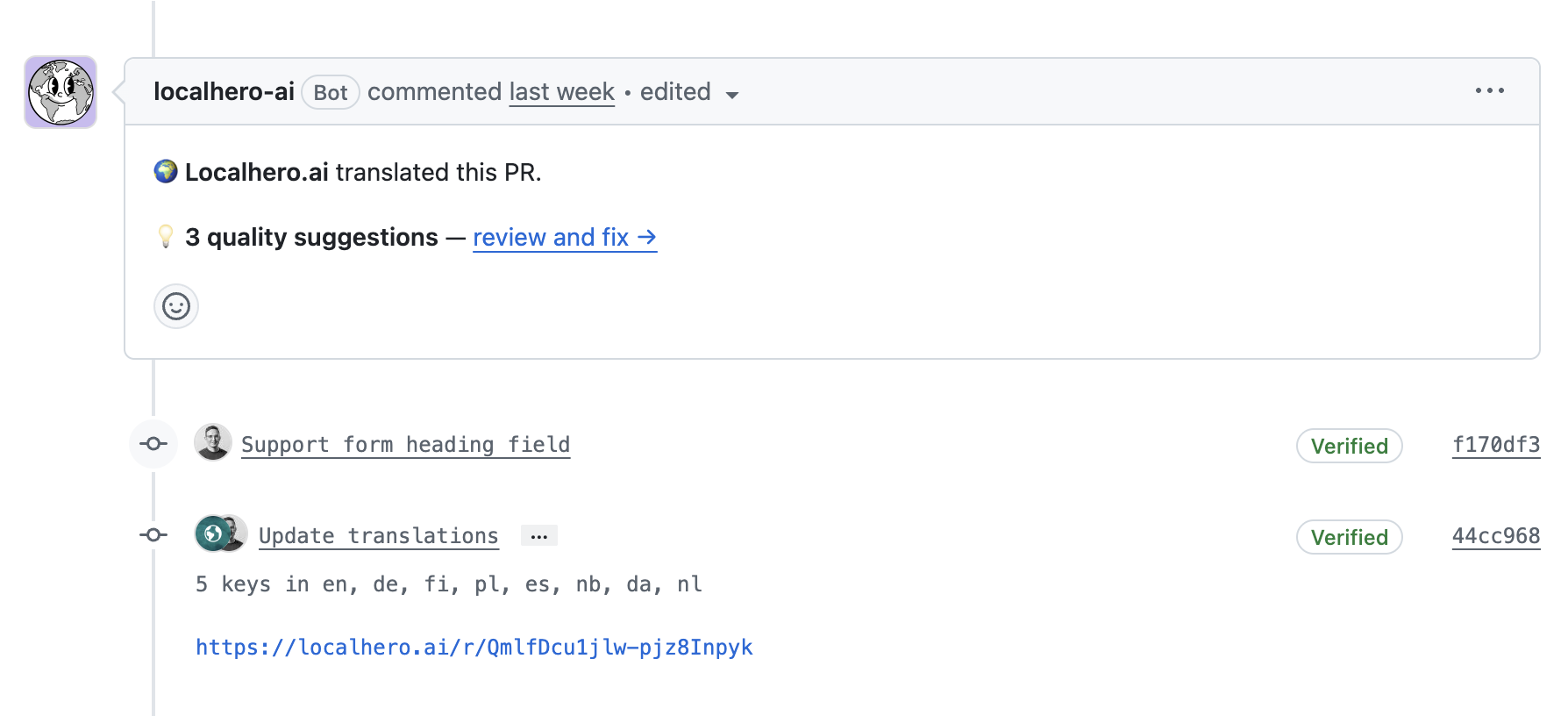 Localhero translating a Kundo pull request directly in GitHub, with quality suggestions on the new strings