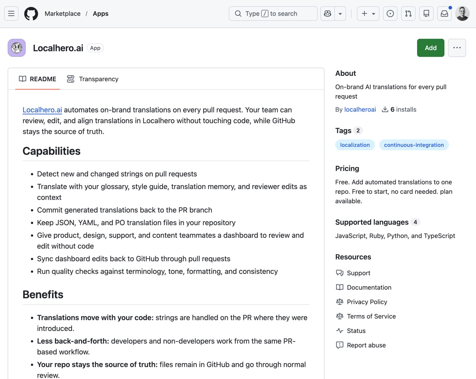 Localhero.ai listing on the GitHub Marketplace showing the README with capabilities like detecting new and changed strings on pull requests, translating with glossary and style guide as context, committing translations back to the PR branch, and running quality checks against terminology and tone