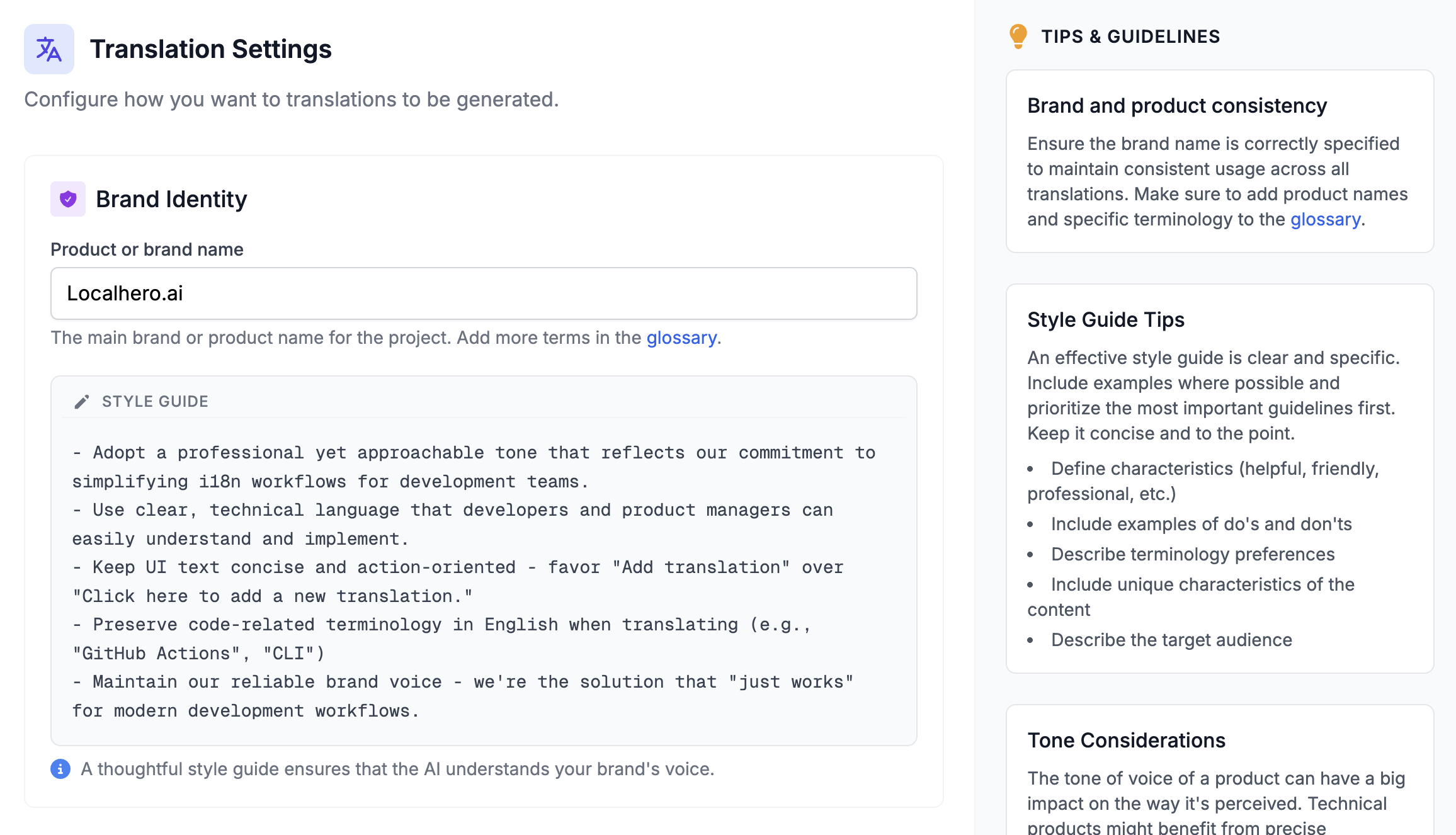 Brand voice configuration interface