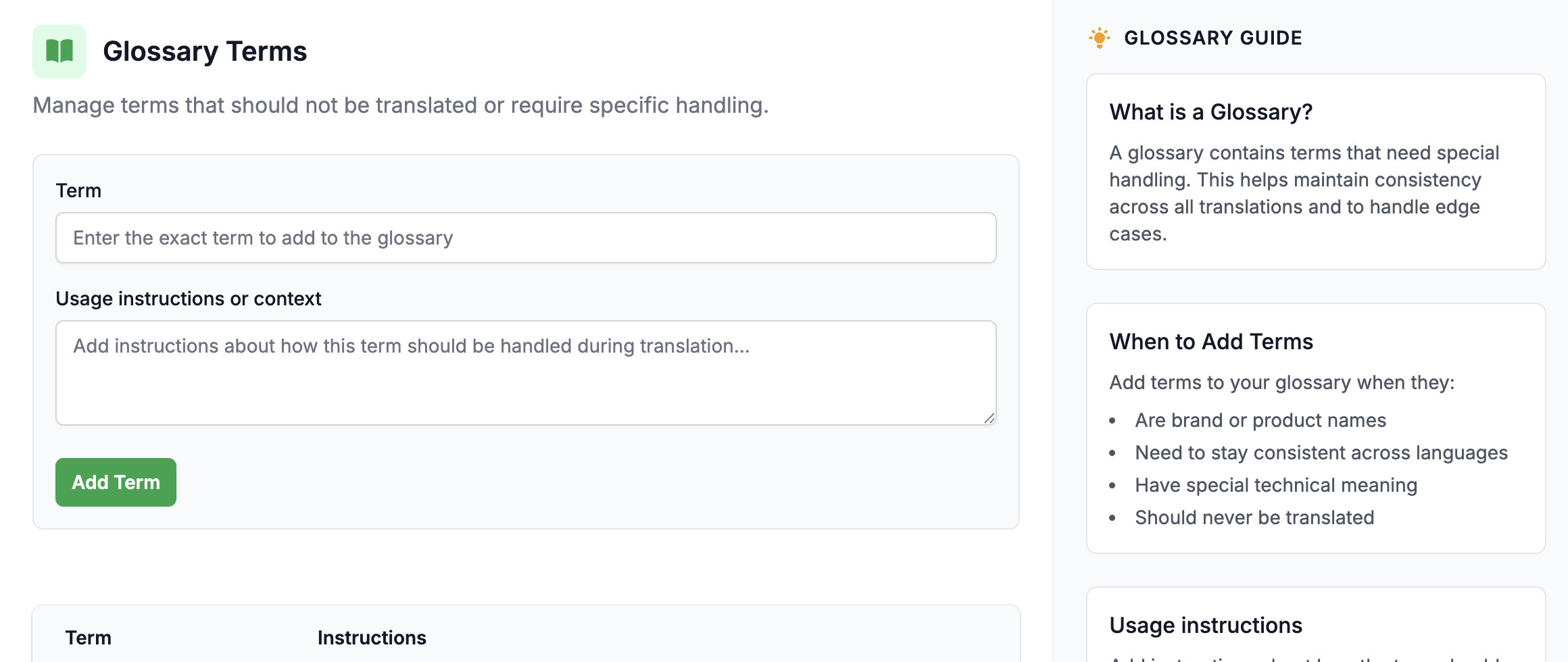Glossary management interface