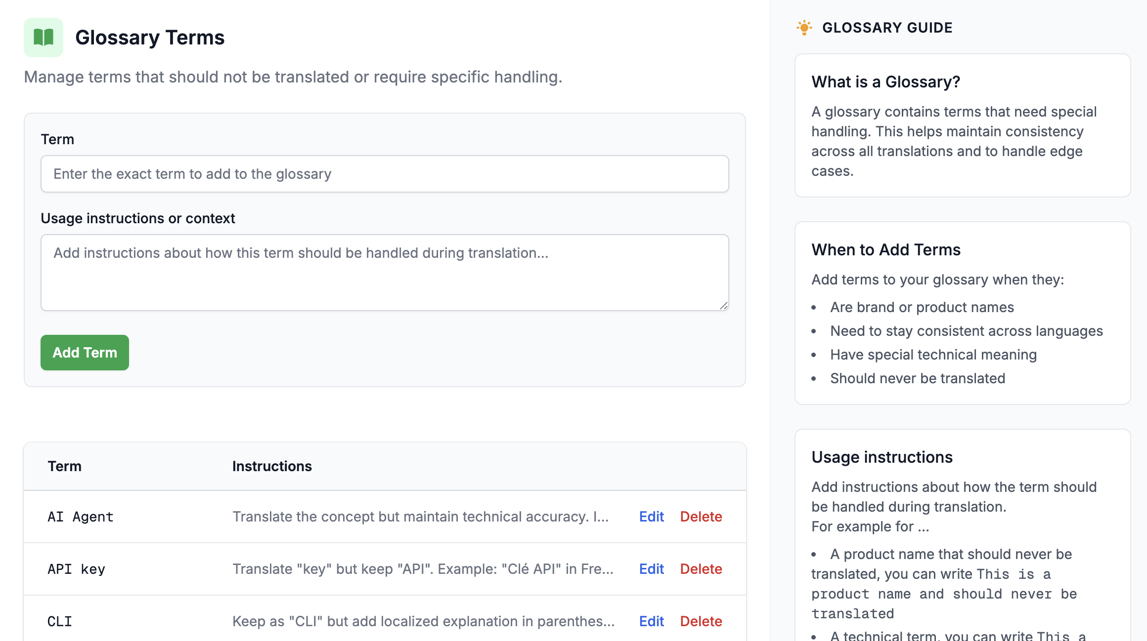 Glossary management interface