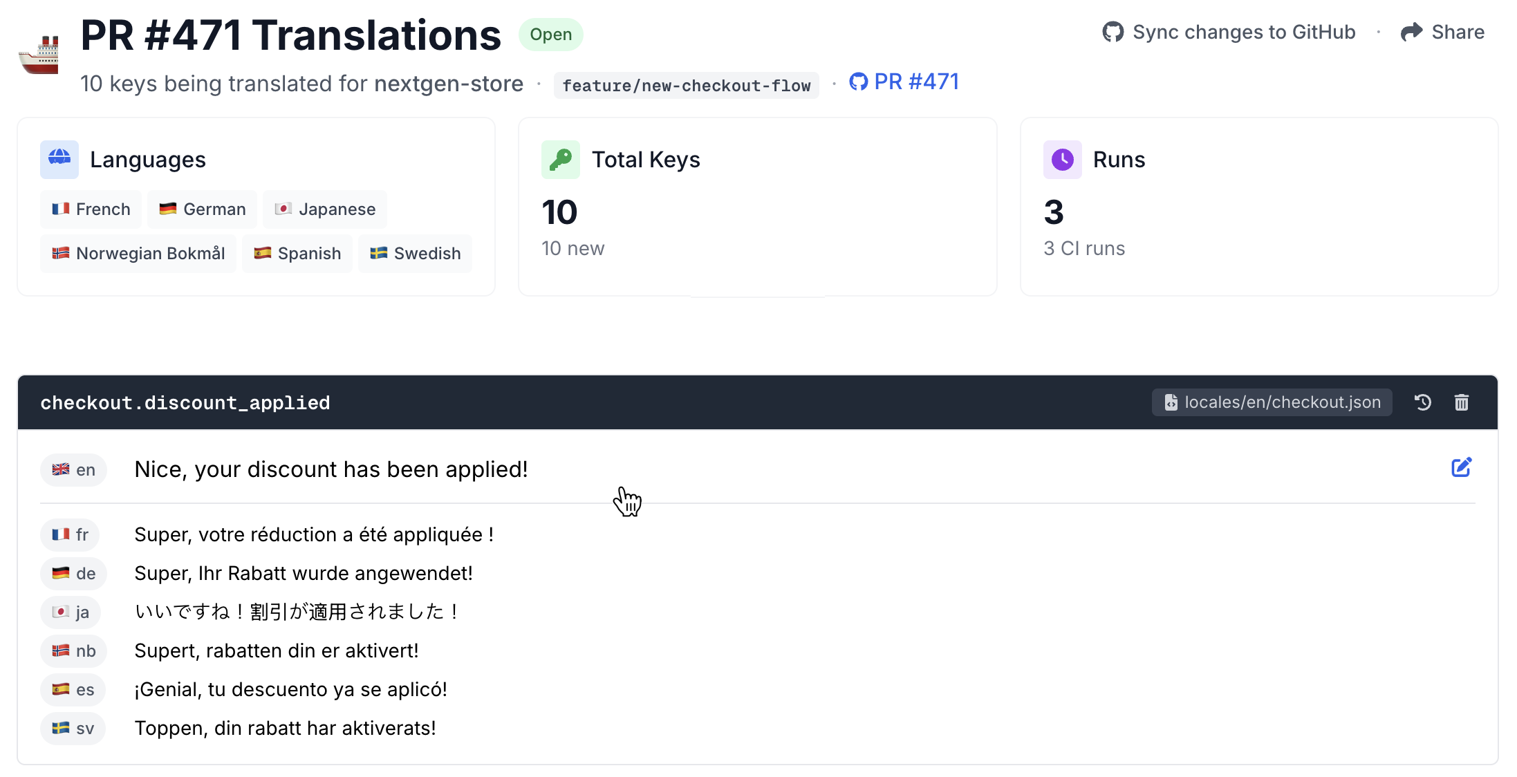 Pull request translation review page