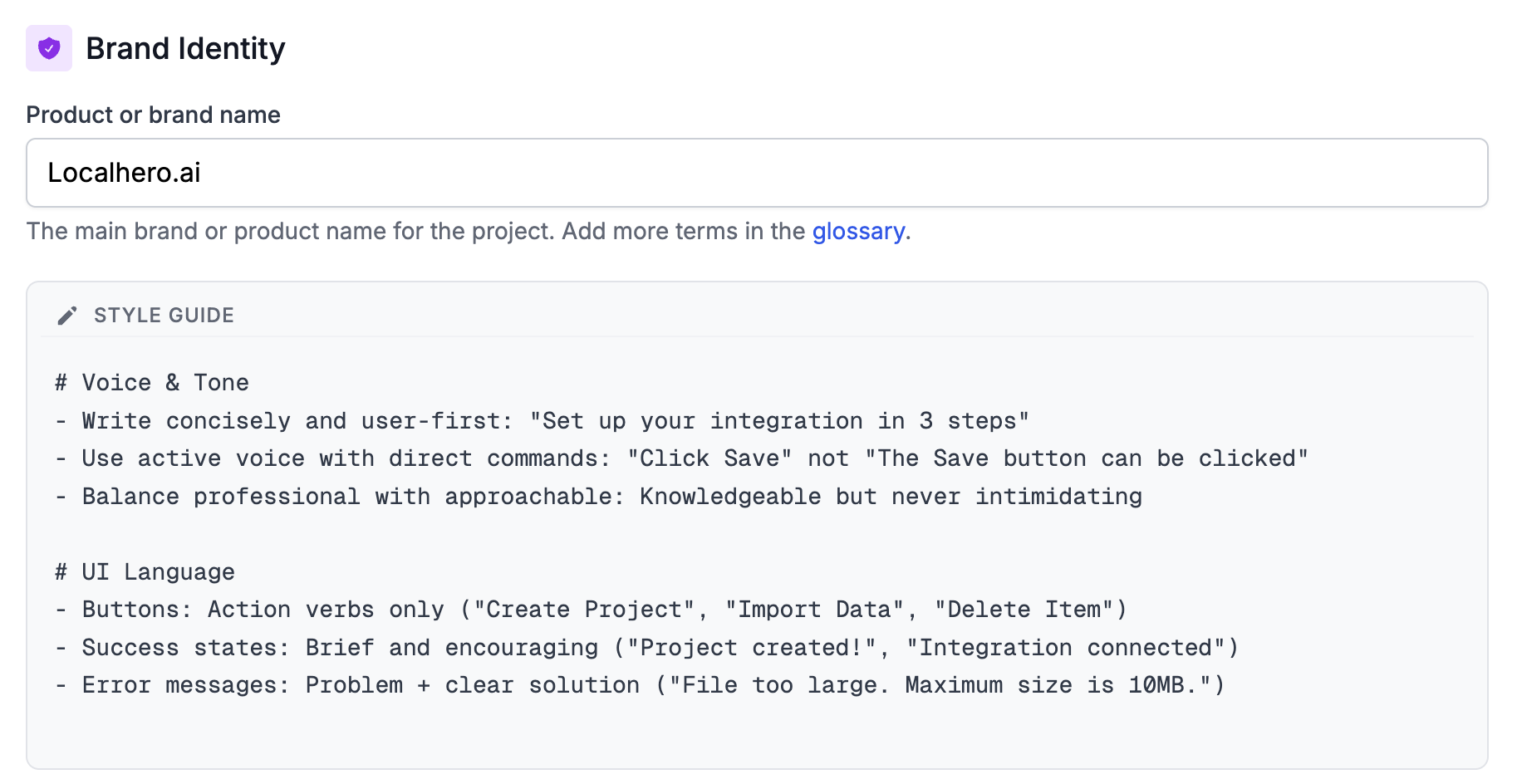 Brand identity settings in Localhero.ai