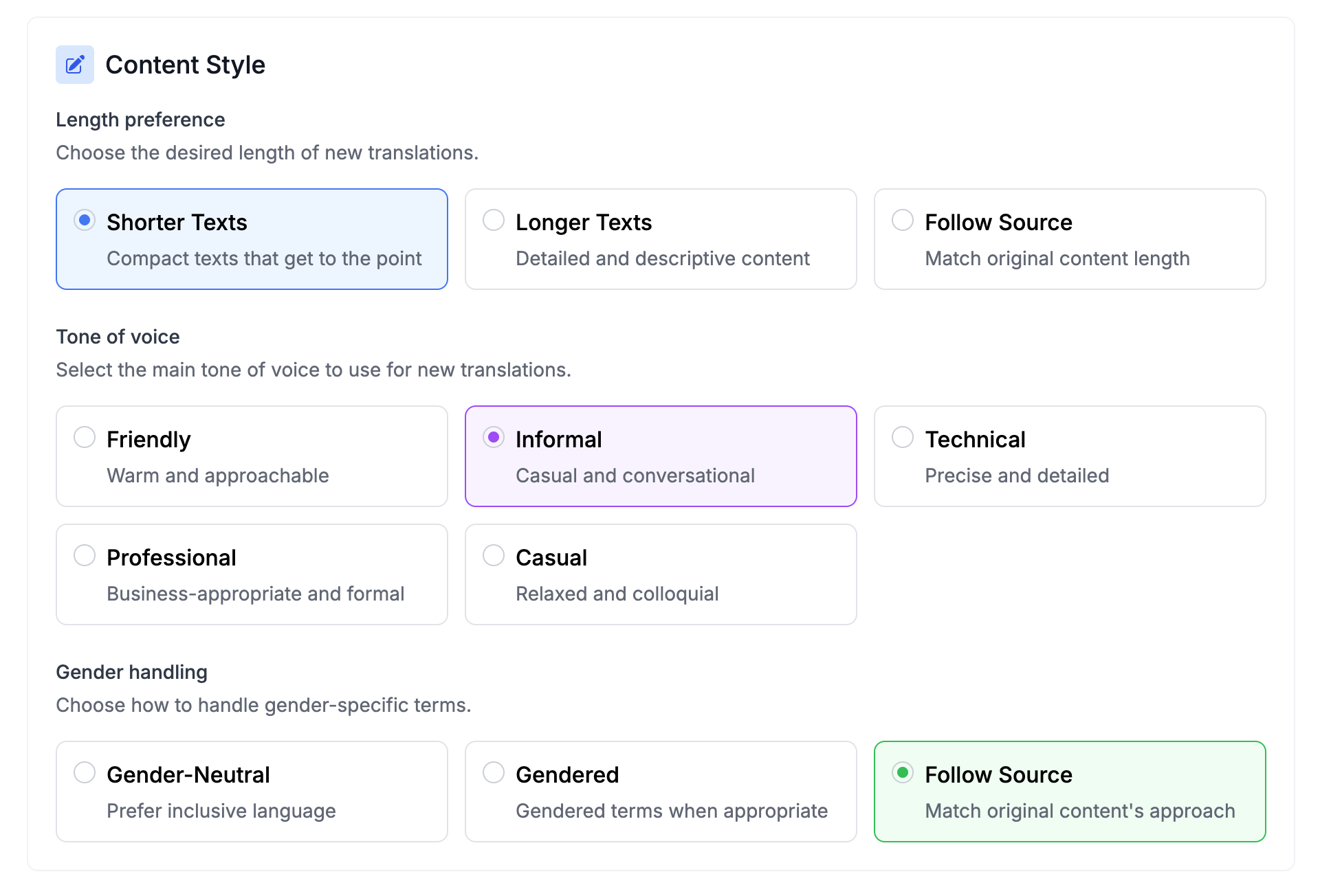 Content style settings in Localhero.ai