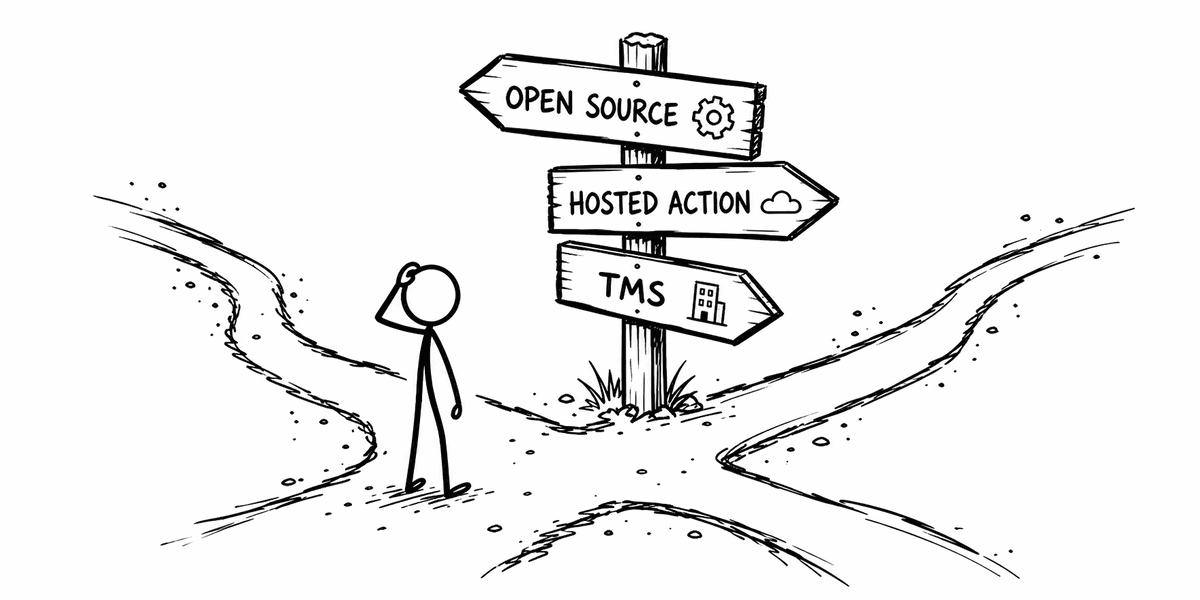 Stick figure at a signpost fork choosing between open source, hosted action, and TMS